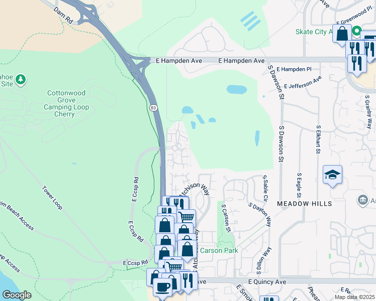 map of restaurants, bars, coffee shops, grocery stores, and more near 13834 East Lehigh Avenue in Aurora