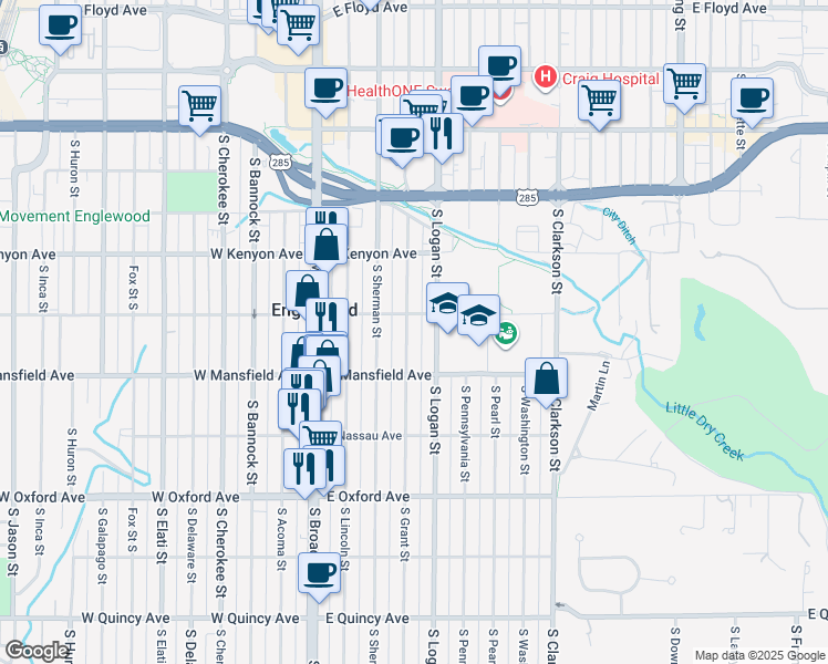 map of restaurants, bars, coffee shops, grocery stores, and more near 3859 South Logan Street in Englewood