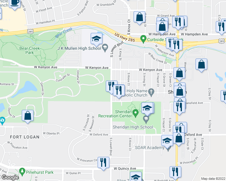 map of restaurants, bars, coffee shops, grocery stores, and more near in Sheridan