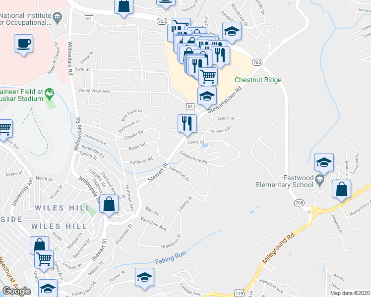 map of restaurants, bars, coffee shops, grocery stores, and more near 10 Manchester Drive in Morgantown