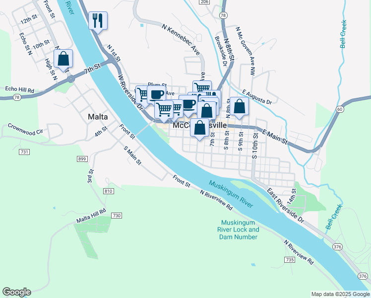 map of restaurants, bars, coffee shops, grocery stores, and more near 191 South 5th Street in McConnelsville