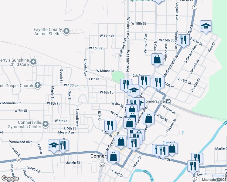 map of restaurants, bars, coffee shops, grocery stores, and more near 820 Walnut Street in Connersville