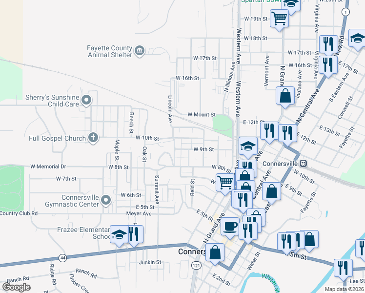map of restaurants, bars, coffee shops, grocery stores, and more near 614 West 9th Street in Connersville