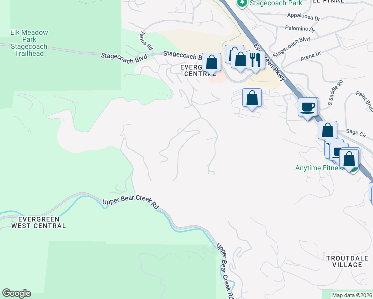 map of restaurants, bars, coffee shops, grocery stores, and more near 3816 Spring Valley Trail in Evergreen