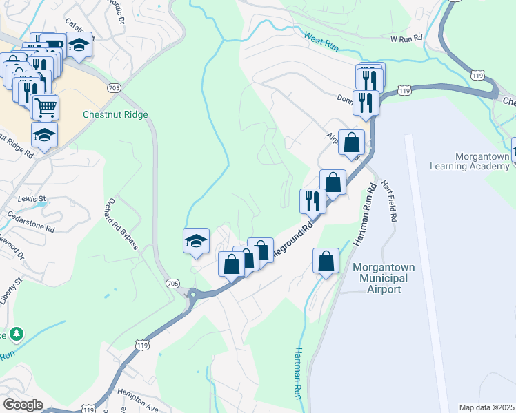 map of restaurants, bars, coffee shops, grocery stores, and more near Brownstone Drive in Morgantown
