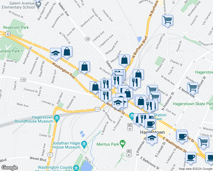 map of restaurants, bars, coffee shops, grocery stores, and more near 438 West Franklin Street in Hagerstown