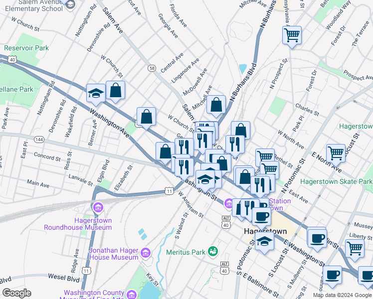 map of restaurants, bars, coffee shops, grocery stores, and more near 432 West Franklin Street in Hagerstown