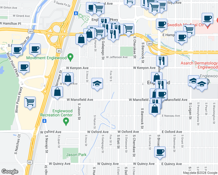 map of restaurants, bars, coffee shops, grocery stores, and more near 3821 South Fox Street in Englewood