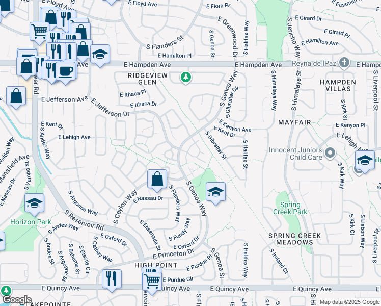 map of restaurants, bars, coffee shops, grocery stores, and more near 3824 South Genoa Circle in Aurora
