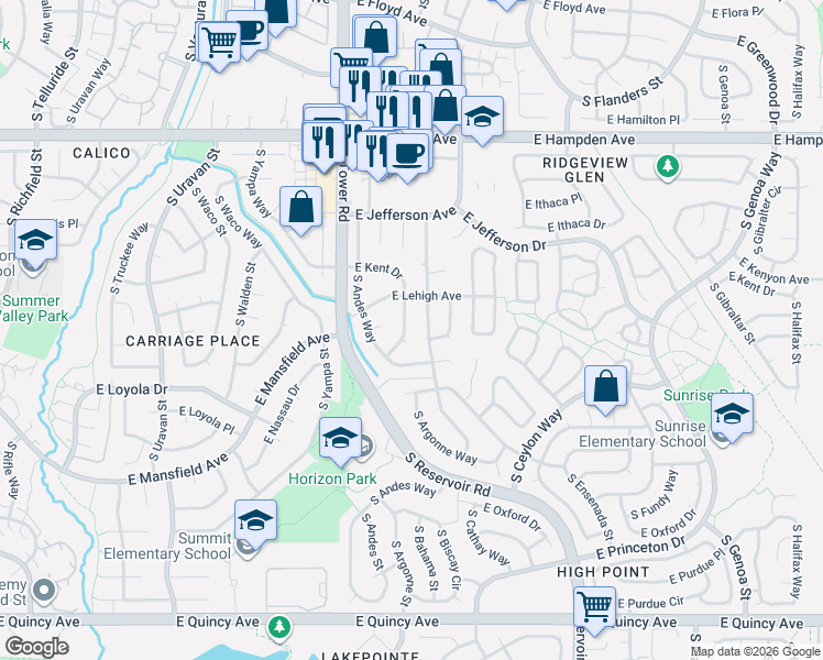map of restaurants, bars, coffee shops, grocery stores, and more near 3848 South Andes Way in Aurora