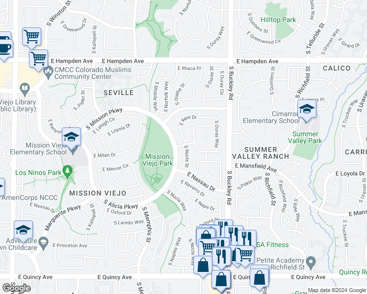 map of restaurants, bars, coffee shops, grocery stores, and more near 3900 South Mission Parkway in Aurora