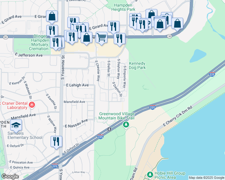 map of restaurants, bars, coffee shops, grocery stores, and more near 3865 South Dallas Circle in Aurora