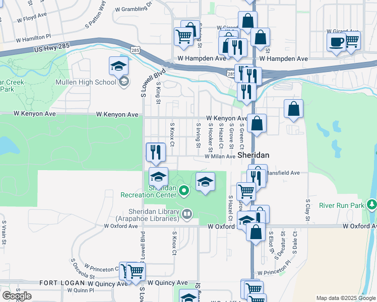 map of restaurants, bars, coffee shops, grocery stores, and more near 3450 West Milan Avenue in Denver