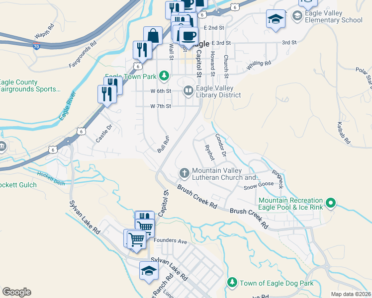 map of restaurants, bars, coffee shops, grocery stores, and more near 808 Brush Creek Court in Eagle