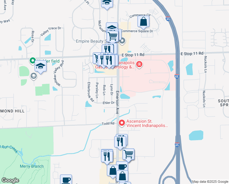 map of restaurants, bars, coffee shops, grocery stores, and more near 8305 Lynn Drive in Indianapolis