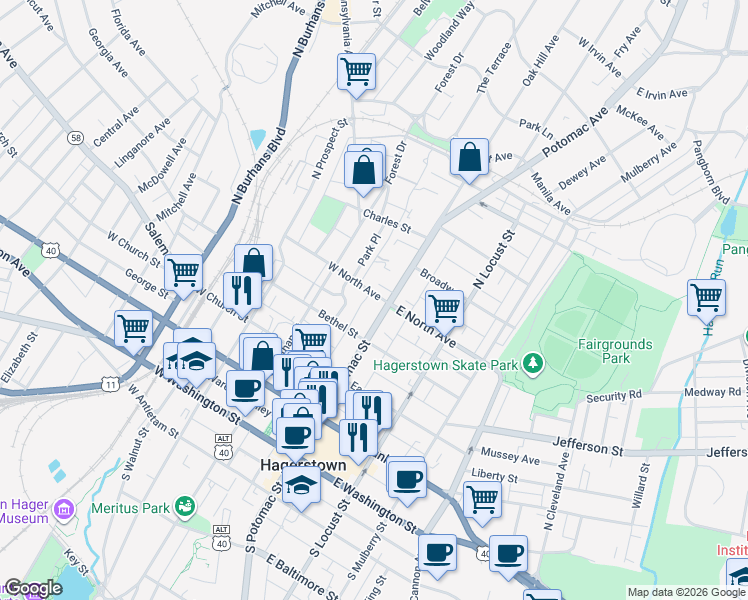 map of restaurants, bars, coffee shops, grocery stores, and more near 345 North Potomac Street in Hagerstown