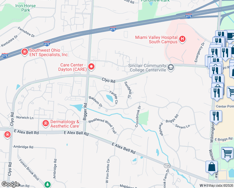 map of restaurants, bars, coffee shops, grocery stores, and more near 1762 Yardley Circle in Dayton