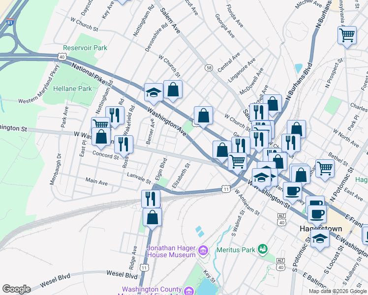 map of restaurants, bars, coffee shops, grocery stores, and more near 21 Winter Street in Hagerstown