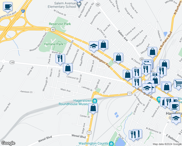 map of restaurants, bars, coffee shops, grocery stores, and more near 814 West Washington Street in Hagerstown