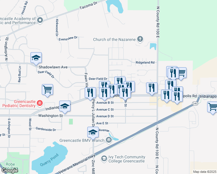 map of restaurants, bars, coffee shops, grocery stores, and more near 204 Judson Drive in Greencastle