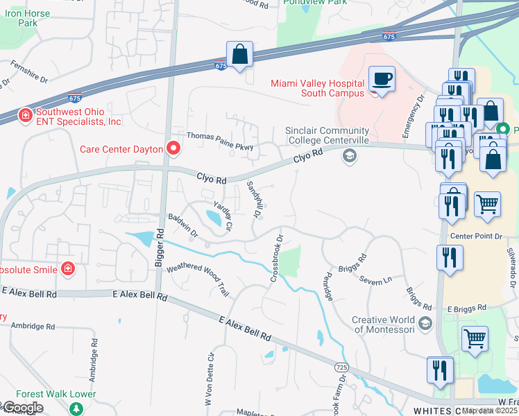 map of restaurants, bars, coffee shops, grocery stores, and more near 6605 Sandyhill Drive in Dayton