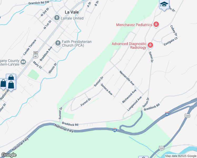 map of restaurants, bars, coffee shops, grocery stores, and more near 200 Sunset Drive in La Vale