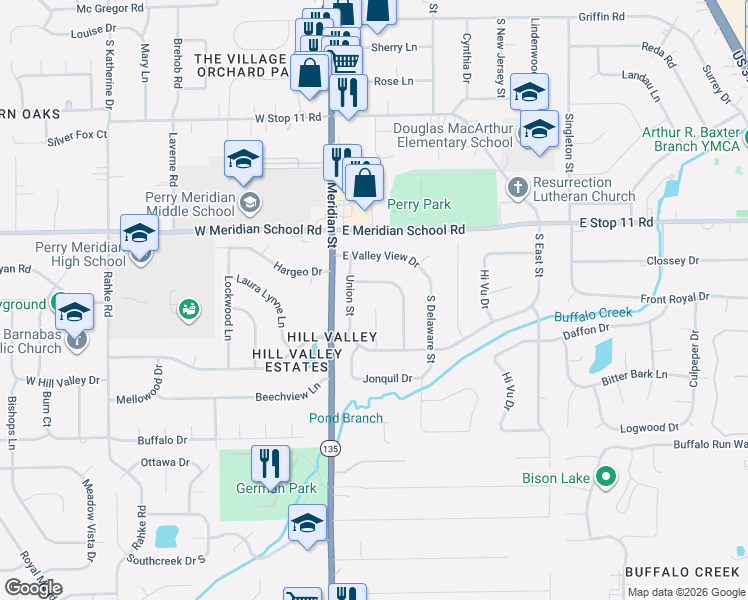 map of restaurants, bars, coffee shops, grocery stores, and more near 36 Kenova Drive in Indianapolis