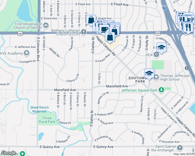 map of restaurants, bars, coffee shops, grocery stores, and more near 3843 South Elm Street in Denver
