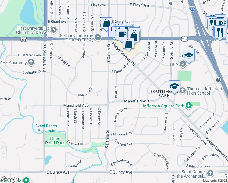 map of restaurants, bars, coffee shops, grocery stores, and more near 3843 South Elm Street in Denver