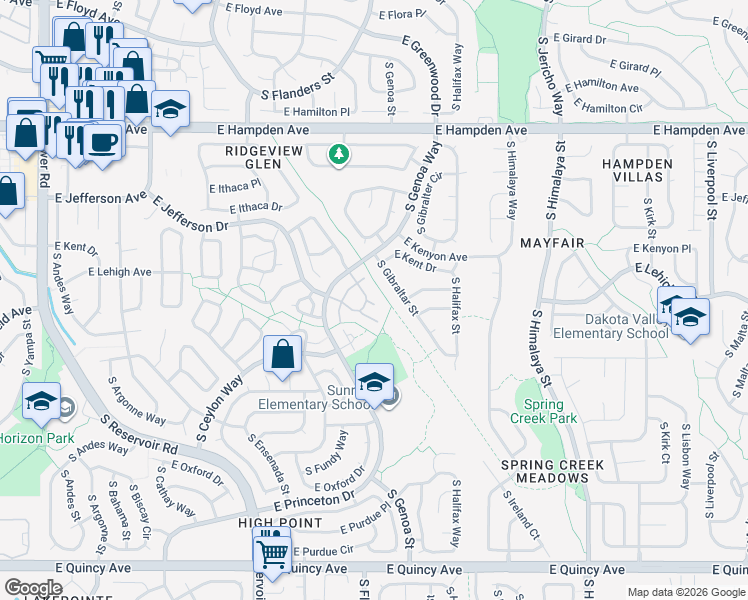 map of restaurants, bars, coffee shops, grocery stores, and more near 3752 South Genoa Circle in Aurora