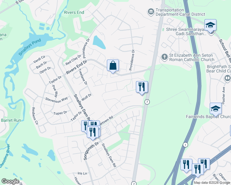 map of restaurants, bars, coffee shops, grocery stores, and more near 303 Baker Drive in Bear