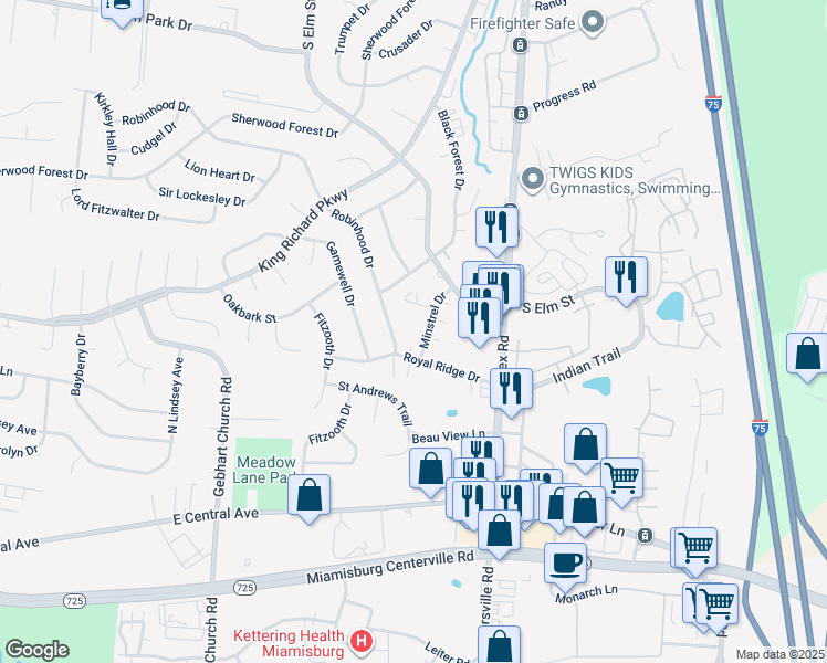 map of restaurants, bars, coffee shops, grocery stores, and more near 702 Green Feather Court in West Carrollton