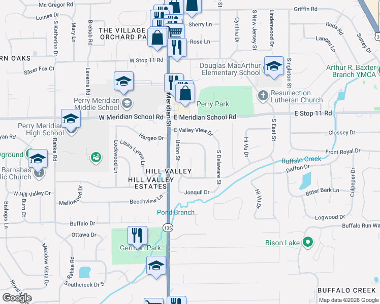 map of restaurants, bars, coffee shops, grocery stores, and more near 36 Kenova Drive in Indianapolis
