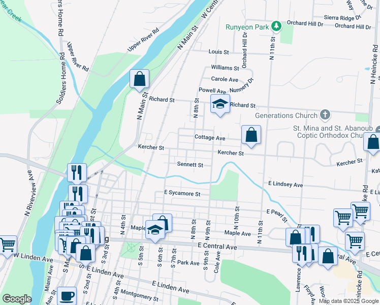map of restaurants, bars, coffee shops, grocery stores, and more near 726 Cottage Avenue in Miamisburg
