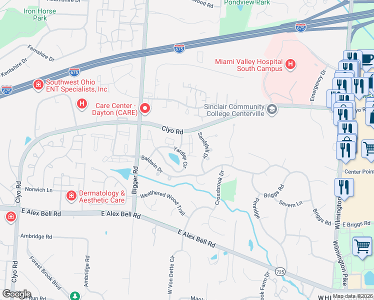 map of restaurants, bars, coffee shops, grocery stores, and more near 6611 Brigham Square in Centerville