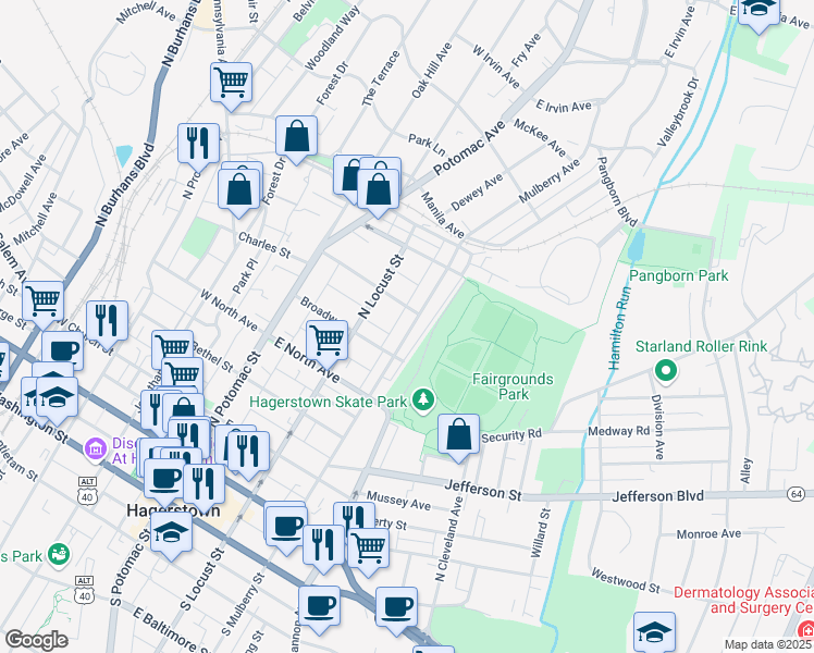 map of restaurants, bars, coffee shops, grocery stores, and more near 533 North Mulberry Street in Hagerstown