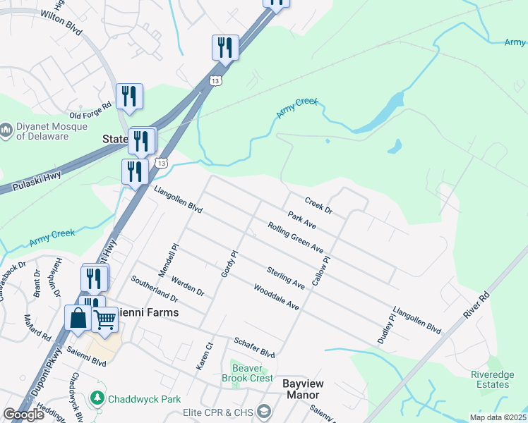 map of restaurants, bars, coffee shops, grocery stores, and more near 216 Park Avenue in New Castle