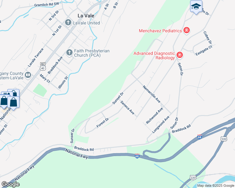 map of restaurants, bars, coffee shops, grocery stores, and more near 200 Sunset Drive in La Vale