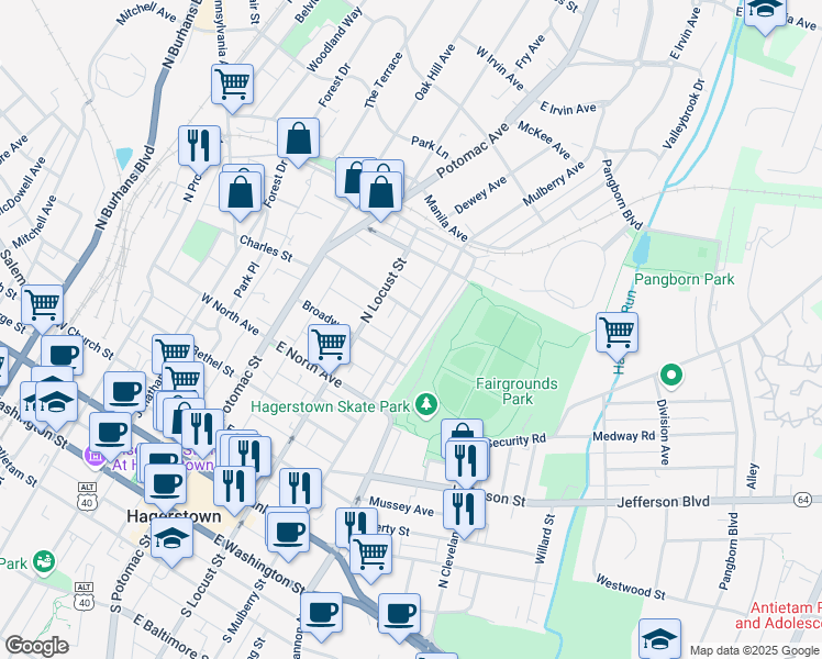 map of restaurants, bars, coffee shops, grocery stores, and more near 535 North Mulberry Street in Hagerstown