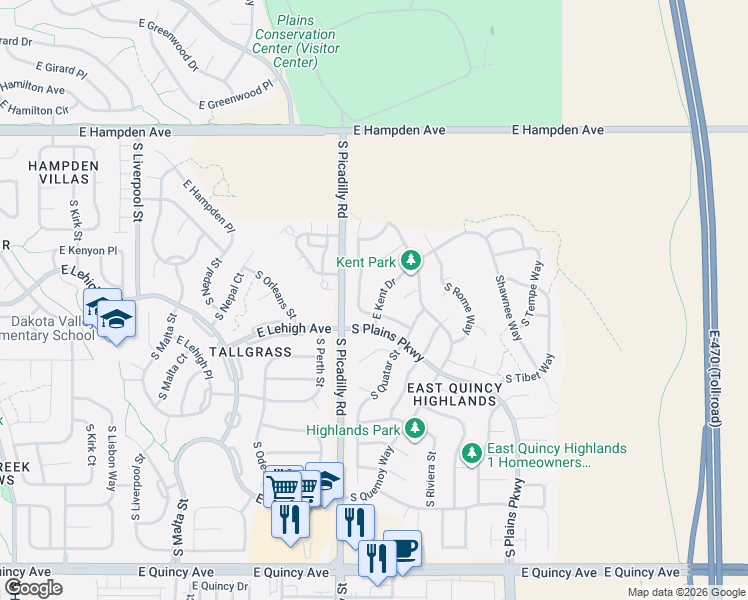 map of restaurants, bars, coffee shops, grocery stores, and more near 21735 East Kent Drive in Aurora