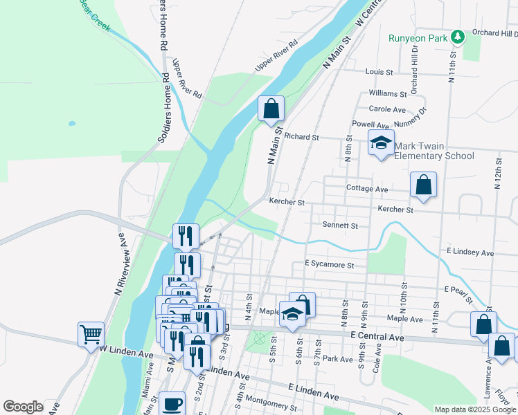 map of restaurants, bars, coffee shops, grocery stores, and more near 600 North Main Street in Miamisburg