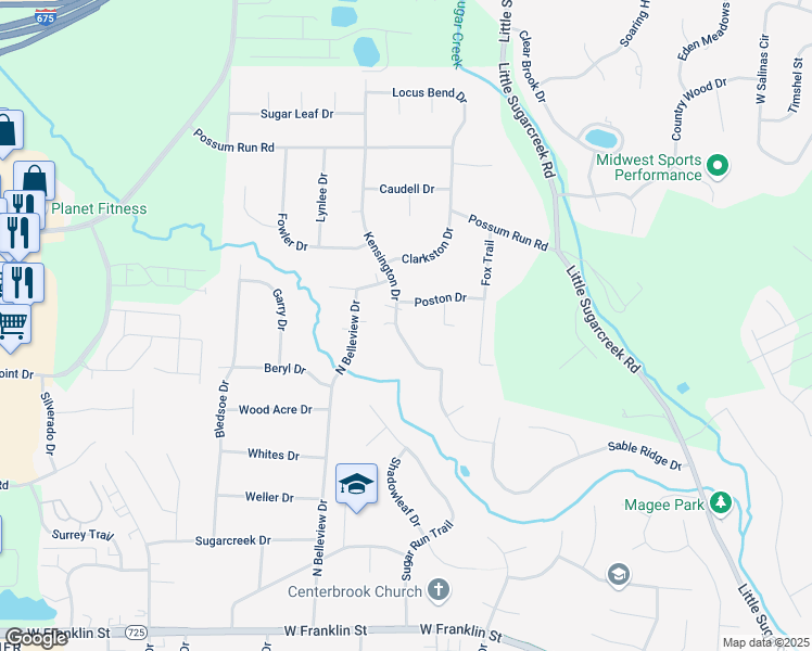 map of restaurants, bars, coffee shops, grocery stores, and more near 4071 Poston Drive in Bellbrook