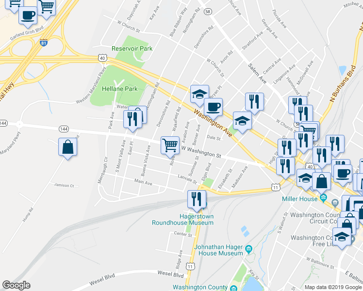 map of restaurants, bars, coffee shops, grocery stores, and more near 842 West Washington Street in Hagerstown