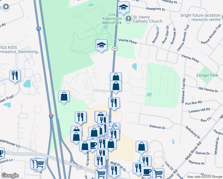 map of restaurants, bars, coffee shops, grocery stores, and more near in Dayton