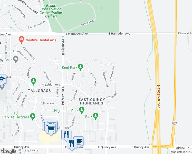 map of restaurants, bars, coffee shops, grocery stores, and more near 3796 South Rome Way in Aurora