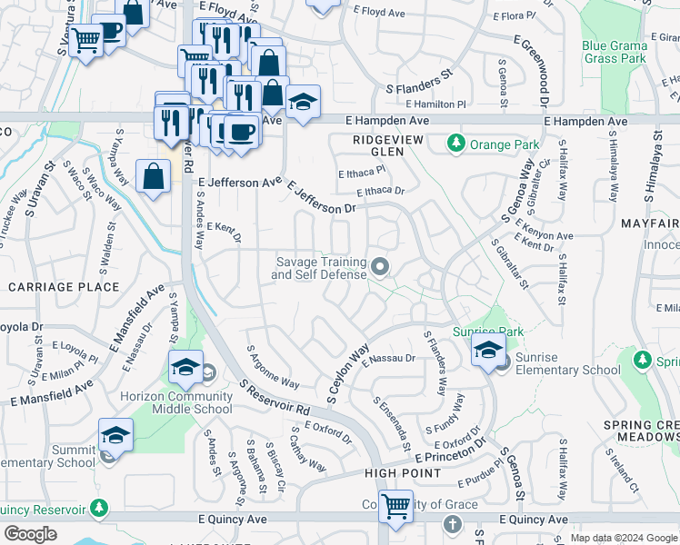 map of restaurants, bars, coffee shops, grocery stores, and more near 3790 South Cathay Circle in Aurora