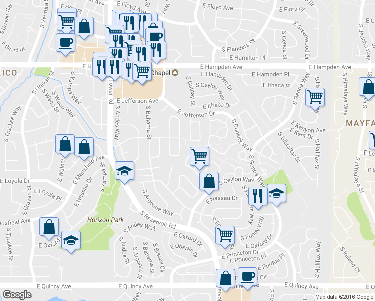 map of restaurants, bars, coffee shops, grocery stores, and more near 19050 East Mansfield Drive in Aurora