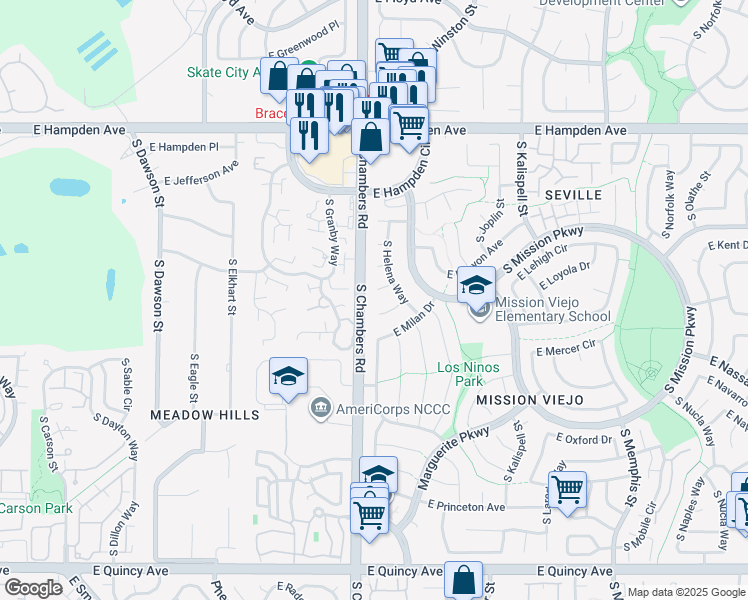 map of restaurants, bars, coffee shops, grocery stores, and more near 15337 East Lehigh Avenue in Aurora
