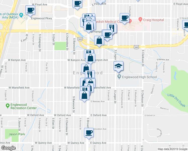 map of restaurants, bars, coffee shops, grocery stores, and more near 3788 South Lincoln Street in Englewood