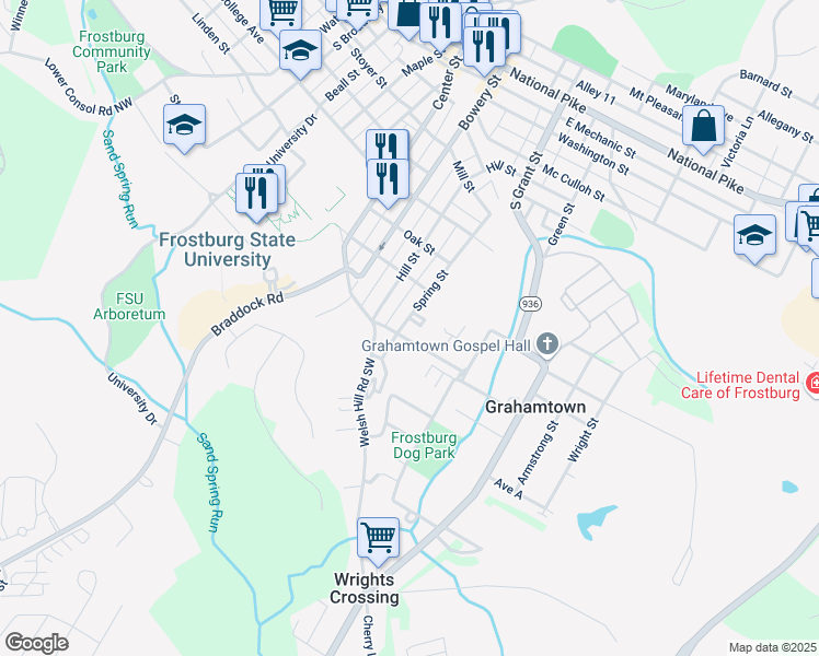 map of restaurants, bars, coffee shops, grocery stores, and more near 124 Spring Street in Frostburg